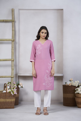 lunexa Women Embroidered A-line Kurta(Pink)