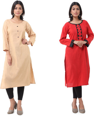 DESHBANDHU DBK Women Solid Straight Kurta(Beige, Red)
