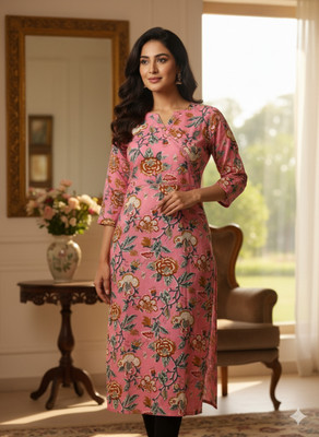 Profitrs Women Floral Print, Printed Straight Kurta(Pink)