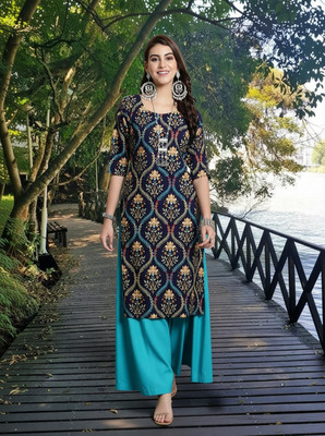 EthnicBasket Women Leheriya Straight Kurta(Dark Blue)