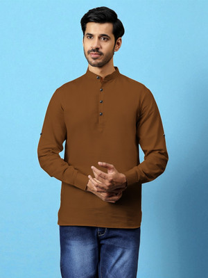 FireFish Men Solid A-line Kurta(Brown)