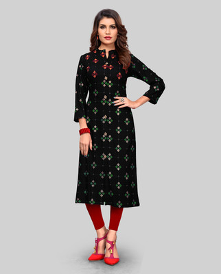 VBUYZ Women Printed Straight Kurta(Black)