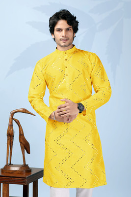 shreeram Men Embroidered, Embellished Straight Kurta(Yellow)