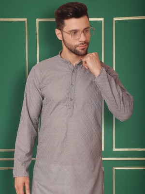 Jompers Men Embroidered Straight Kurta(Grey)