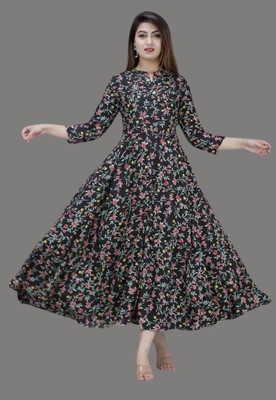 FABRONA Women Printed Flared Kurta(Black)