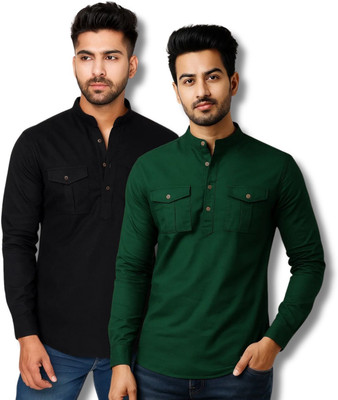 VIMASUTI Men Solid Straight Kurta(Black, Green)
