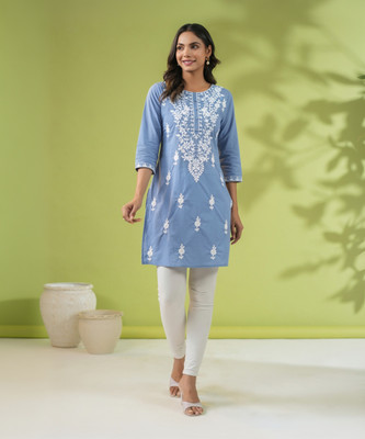 Janasya Women Embroidered Straight Kurta(Blue)