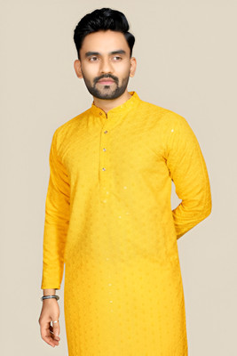 Keton Men Self Design Straight Kurta(Yellow)