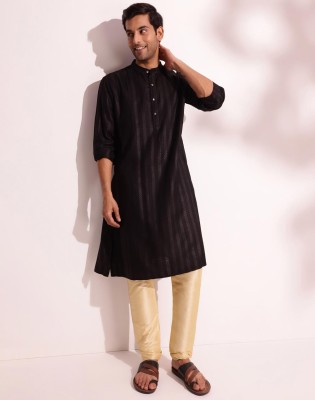 Fabindia Men Self Design Straight Kurta(Black)