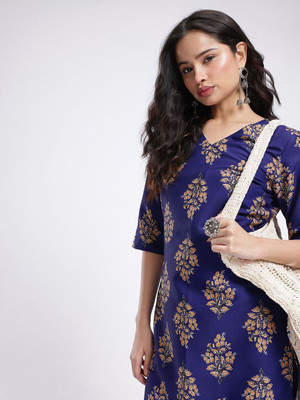 Anouk Rustic Women Floral Print Straight Kurta(Blue)