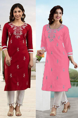 HouseOfCommon Women Chikan Embroidery Straight Kurta(Multicolor)