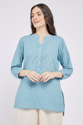 Span Women Self Design Straight Kurta(Blue)