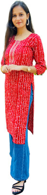 Ikasha Women Bandhani A-line Kurta(Red)