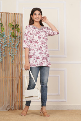 ENAREZI Women Printed Straight Kurta(White, Purple)