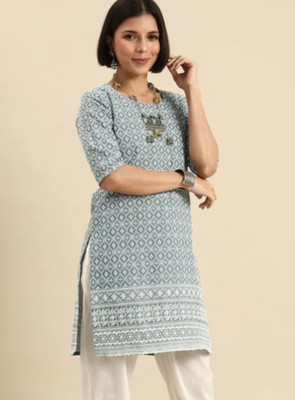 Banaras silk palace Women Embroidered A-line Kurta(Grey, White)