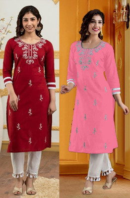 vikshi Women Chikan Embroidery Straight Kurta(Multicolor)