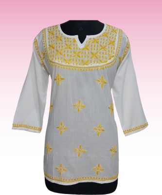 The Chikankari Story Women Chikan Embroidery Straight Kurta(Yellow, White)