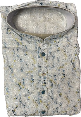 vastra vaani Men Printed, Embellished A-line Kurta(Blue, White)