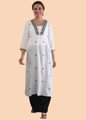 Fashion With Natur Women Embroidered Flared Kurta(White)