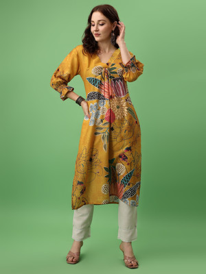 AmarAsha Women Floral Print Flared Kurta(Yellow)