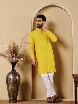 CHIRASVI Men Self Design Straight Kurta(Yellow)