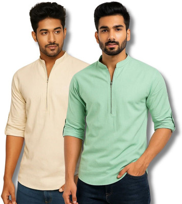 ClothTheory Men Solid Straight Kurta(Beige, Light Blue)