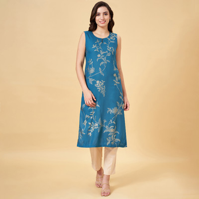 Rangmanch by Pantaloons Women Printed Straight Kurta(Dark Blue, Gold)