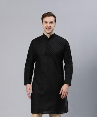 Majestic Man Men Chikan Embroidery A-line Kurta(Black)