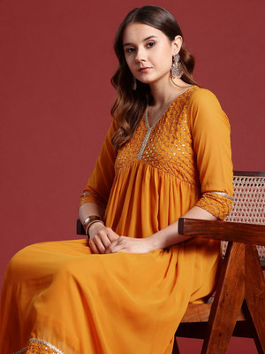 ANOUK Women Embellished A-line Kurta(Yellow)