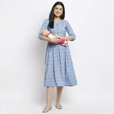 TRUE SHAPE Women Printed Flared Kurta(Light Blue)