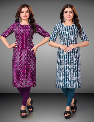 MOBHISA Women Printed Straight Kurta(Light Blue)