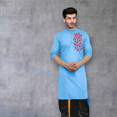 Mamta Biswas Men Printed Straight Kurta(Light Blue)