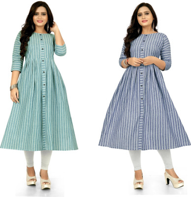 Ladylaz Women Self Design Straight Kurta(Green, Blue)