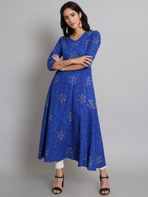 Brownverse Women Embellished Flared Kurta(Blue)