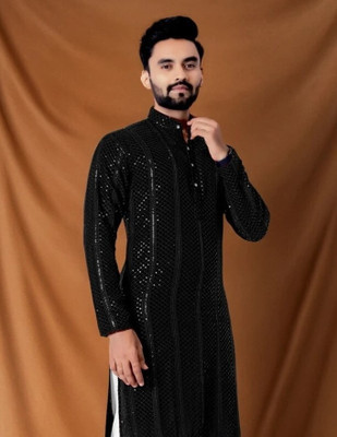 TRANDTIDE Men Embroidered Straight Kurta(Black)