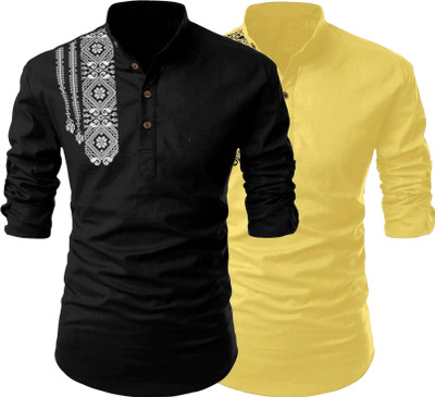 Kavyangle Creation Men Printed Straight Kurta(Black, Yellow)