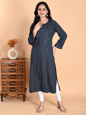 Nazaira Women Chikan Embroidery Straight Kurta(Dark Green)