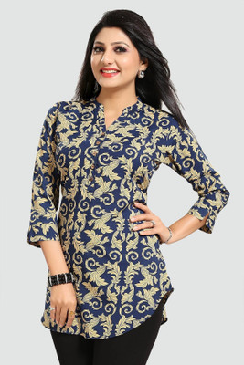 Anmi Floral Printed Crepe Short Kurta/Kurti/Top Tunic For Women Printed Women Straight Kurta(Blue)