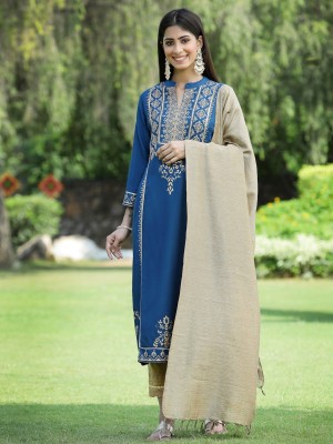 Juniper Women Printed Straight Kurta(Blue)