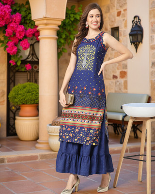 PANNKH Women Printed Straight Kurta(Dark Blue)