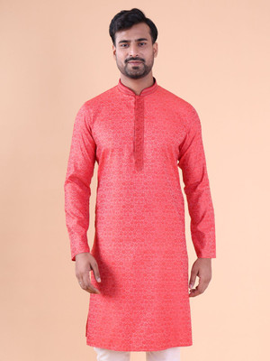 Aurik Men Printed Straight Kurta(Pink)