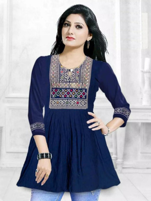 Sefali Women Embroidered Flared Kurta(Dark Blue)