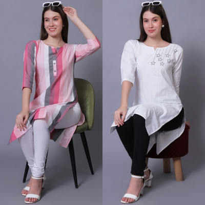 ArfaTextiles Women Striped A-line Kurta(Pink, White)