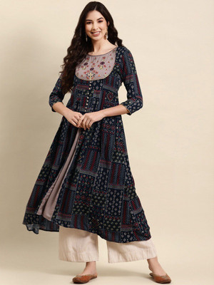 all about you Women Printed A-line Kurta(Blue)