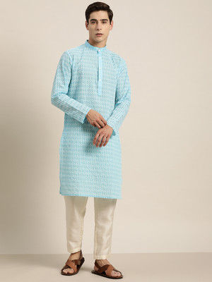 SOJANYA Men Embroidered Straight Kurta(Blue)
