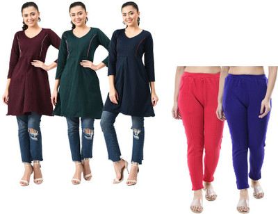 IndiWeaves Women Solid Straight Kurta(Dark Green, Maroon, Dark Blue)