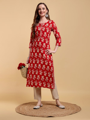 GREYSHADE Women Floral Print A-line Kurta(Red)