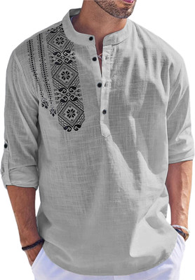 FOLGEN Men Printed Straight Kurta(Grey)