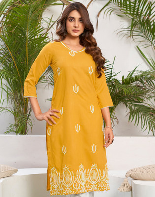 Skylee Women Chikan Embroidery, Embellished, Dyed/Ombre, Self Design Straight Kurta(Yellow)