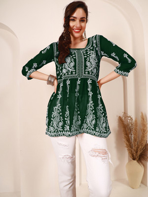 Anmi Embroidered Women Flared Kurta(Dark Green)